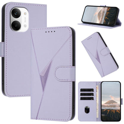 Leather phone case with triangle pattern and buckle clasp, light purple, with card slots