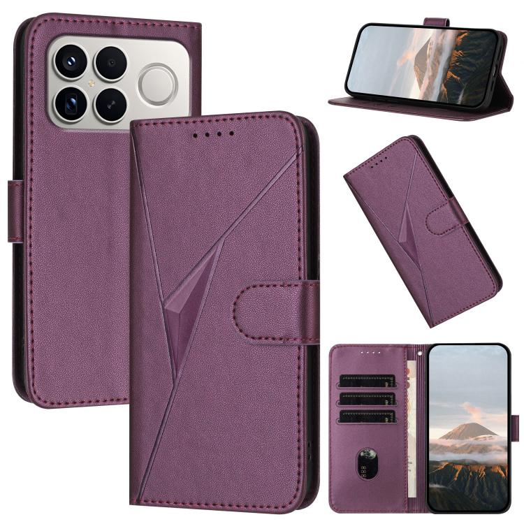 Dark purple triangle-pattern leather phone case with buckle clasp, card slots, stand view