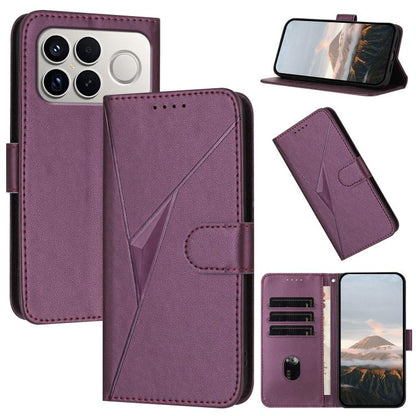 Dark purple triangle-pattern leather phone case with buckle clasp, card slots, stand view