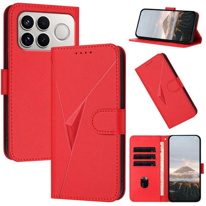Red triangle-pattern leather phone case with buckle clasp, card slots, stand view