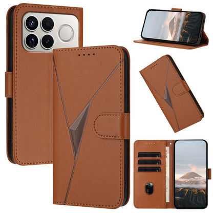 Brown triangle-pattern leather phone case with buckle clasp, card slots, stand view