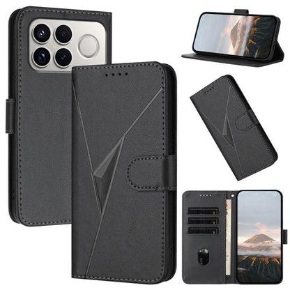 Dark gray triangle-pattern leather phone case with buckle clasp, card slots, stand view
