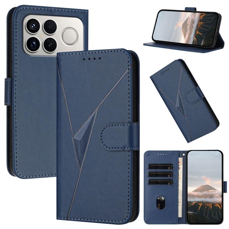 Royal blue triangle-pattern leather phone case with buckle clasp, card slots, stand view