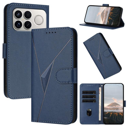 Royal blue triangle-pattern leather phone case with buckle clasp, card slots, stand view