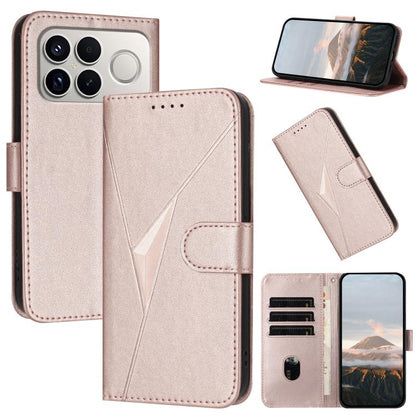 Light pink triangle-pattern leather phone case with buckle clasp, card slots, stand view