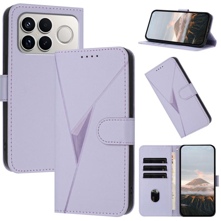 Light lavender triangle-pattern leather phone case with buckle clasp, card slots, stand view