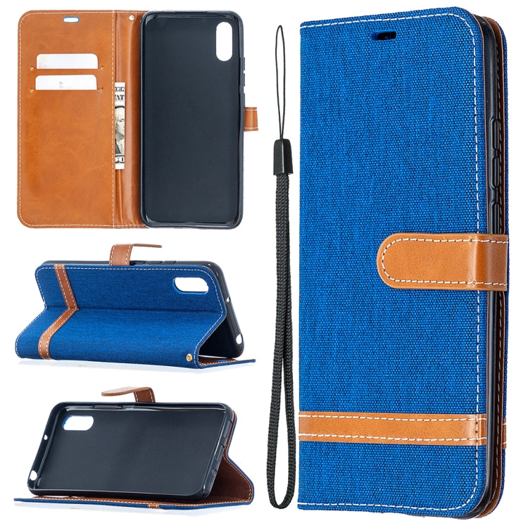 Blue denim-texture flip phone wallet case with card slots and lanyard strap