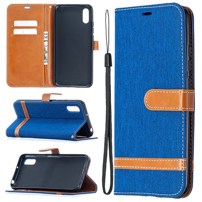Blue denim-texture flip phone wallet case with card slots and lanyard strap