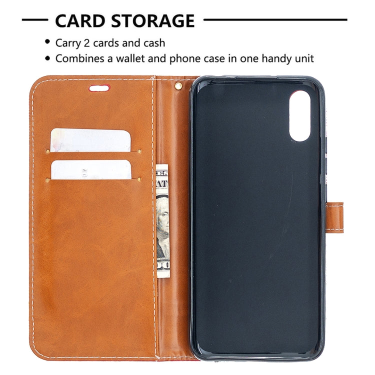 Brown denim-texture flip phone wallet case with card slots and inner phone holder