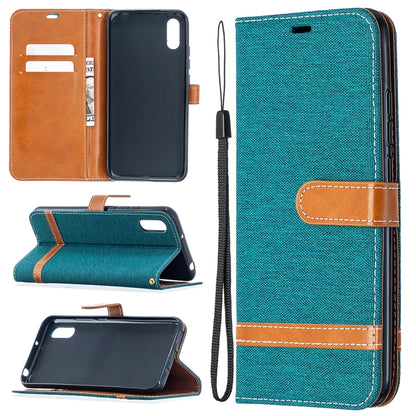 Teal denim-texture flip phone wallet case with card slots, holder, and lanyard strap