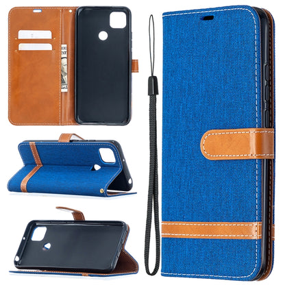 Royal blue denim-texture flip phone wallet case with card slots and lanyard strap