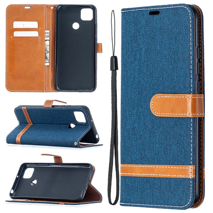 Blue denim-texture flip phone wallet case with card slots and lanyard strap