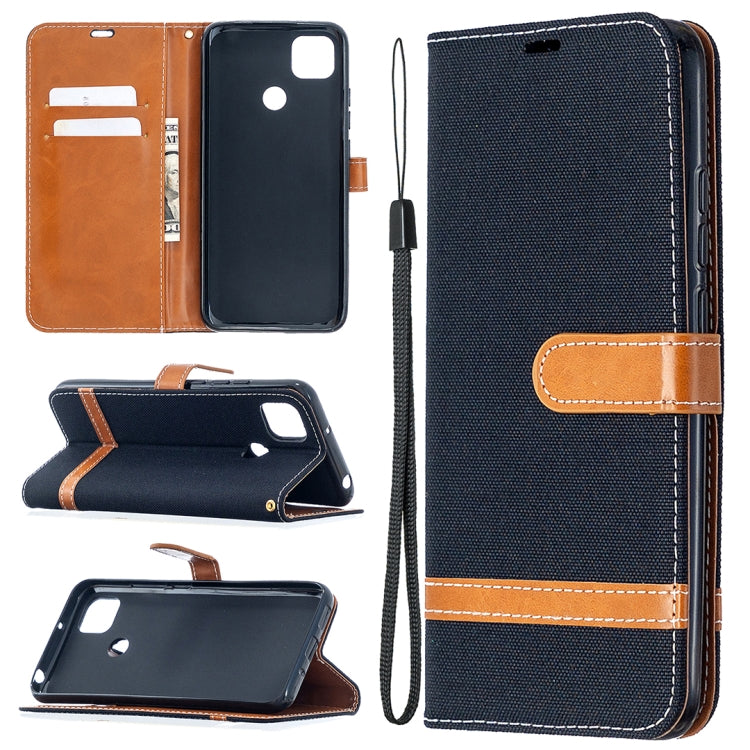 Dark navy denim-texture flip phone wallet case with card slots and lanyard strap
