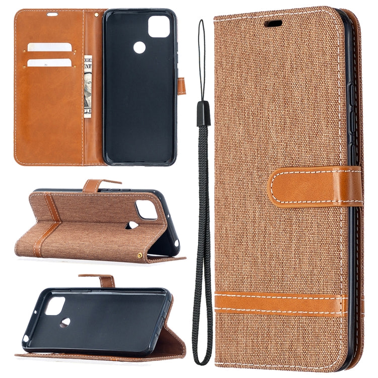Light brown denim-texture flip phone wallet case with tan accents and lanyard strap