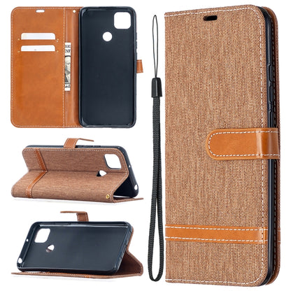 Light brown denim-texture flip phone wallet case with tan accents and lanyard strap