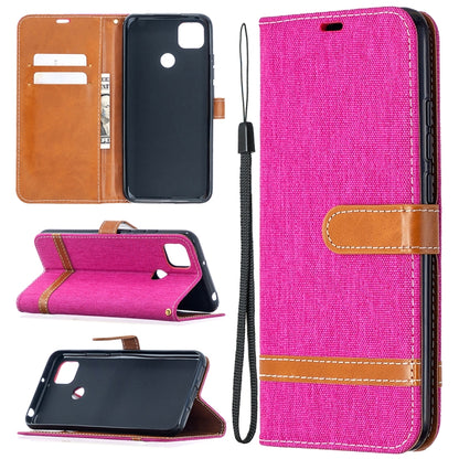 Hot pink denim-textured flip case with card slot window and lanyard, tan leather trim.
