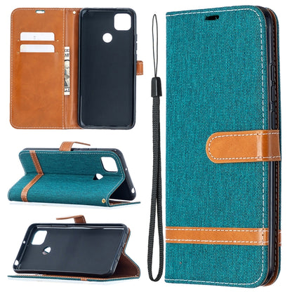Teal denim-texture flip phone wallet case with card slots and lanyard strap