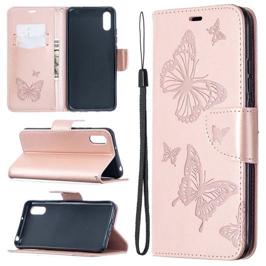 Rose gold butterfly embossed phone wallet case with card slots, stand, and lanyard strap