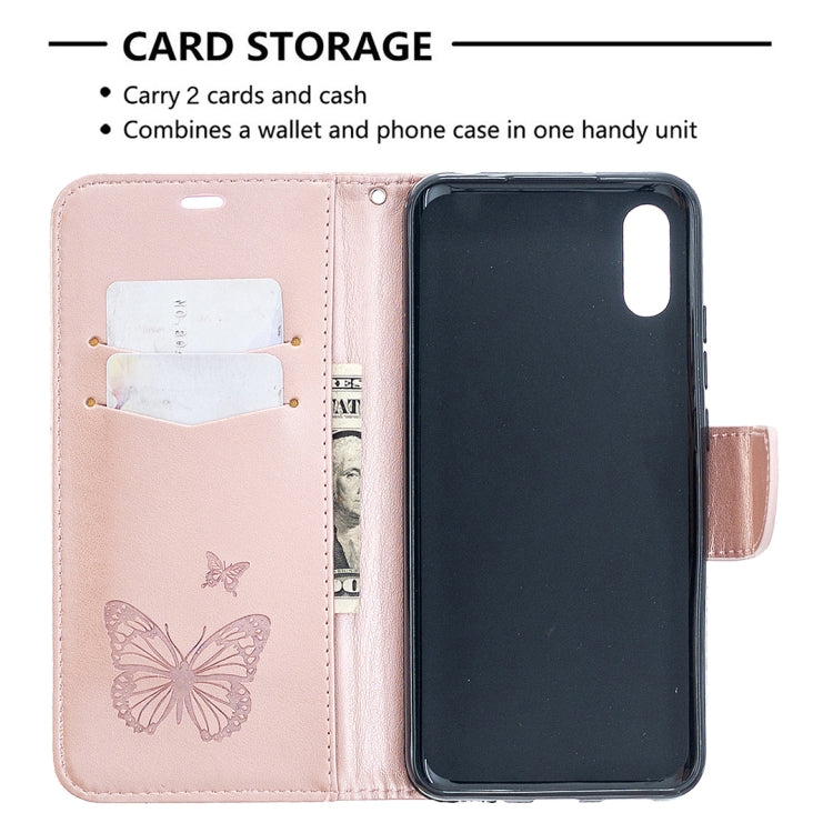 Rose gold butterfly phone wallet case showing card storage and phone holder