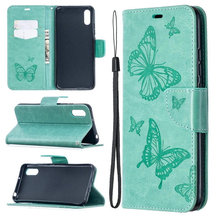 Green butterfly embossed phone wallet case with card slots, stand, and lanyard strap