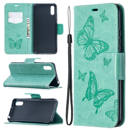 Green butterfly embossed phone wallet case with card slots, stand, and lanyard strap