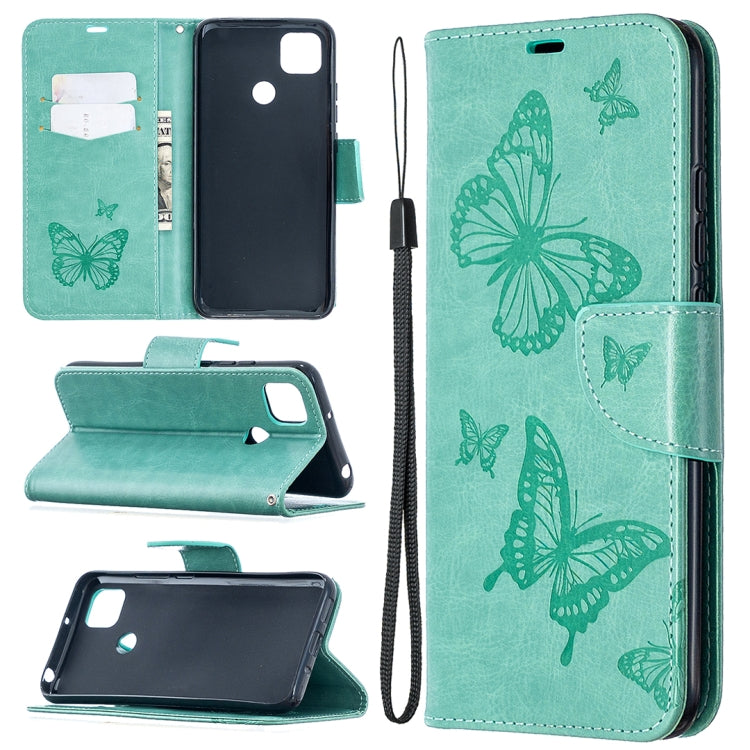 Green butterfly embossed phone wallet case with card storage and lanyard cord