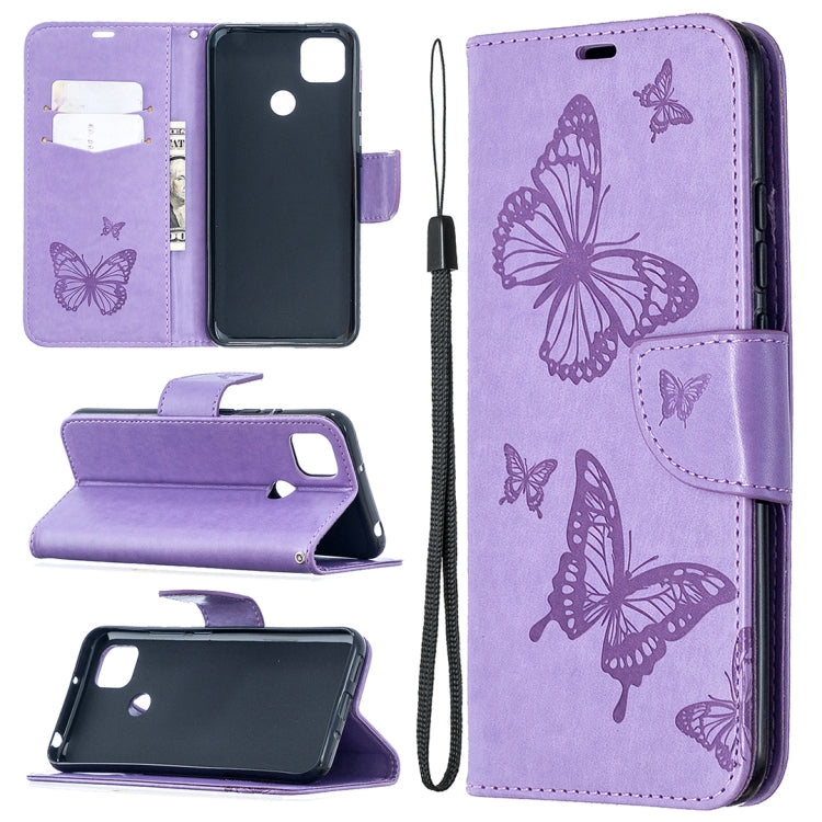Light purple leather-look phone wallet case with butterfly print, card slots, stand, and lanyard