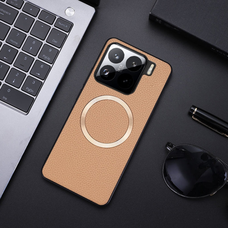 Khaki textured phone case with MagSafe-style circular ring, camera cutouts, raised edges