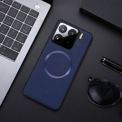 Blue textured phone case with MagSafe-style circular ring, camera cutouts, raised edges