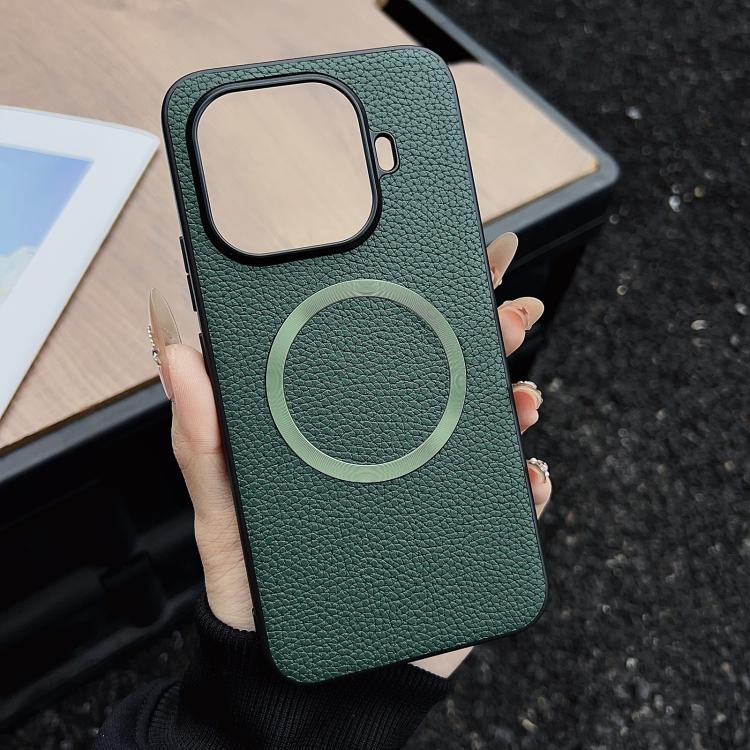 Green textured MagSafe magnetic phone case with circular ring and camera cutout