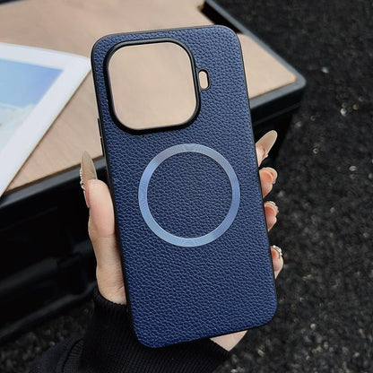 Blue textured MagSafe magnetic phone case with circular ring and camera cutout