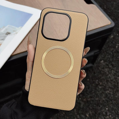Beige textured MagSafe magnetic phone case with circular ring and camera cutout