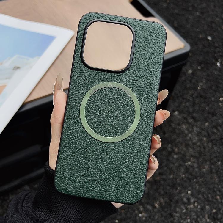 Dark green textured MagSafe magnetic phone case with circular ring and camera cutout