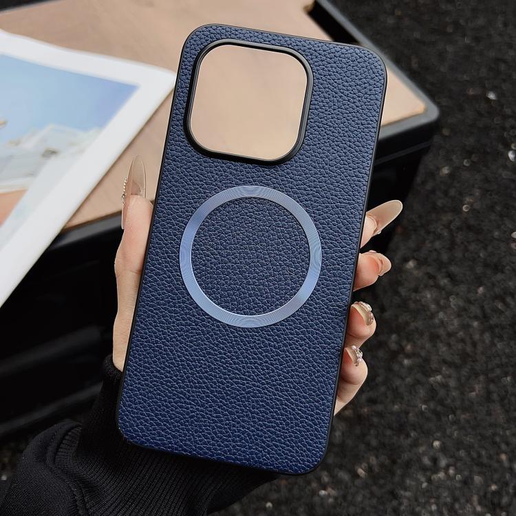 Navy blue textured MagSafe magnetic phone case with circular ring and camera cutout