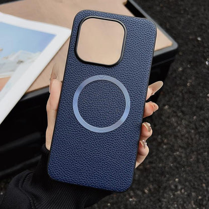 Navy blue textured MagSafe magnetic phone case with circular ring and camera cutout