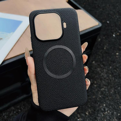 MagSafe magnetic phone case with litchi texture, black, circular magnetic ring detail