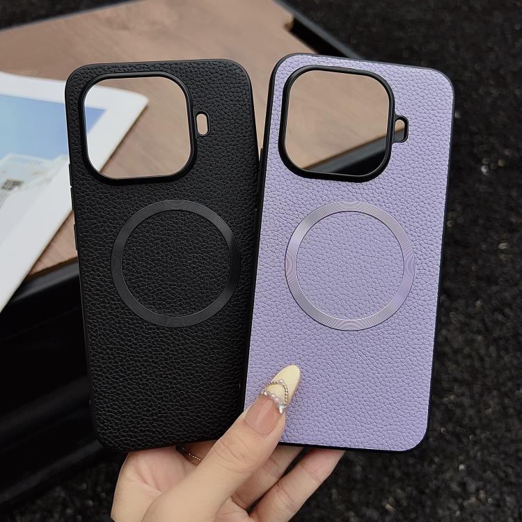 MagSafe magnetic phone case with litchi texture, black and purple, circular magnetic ring