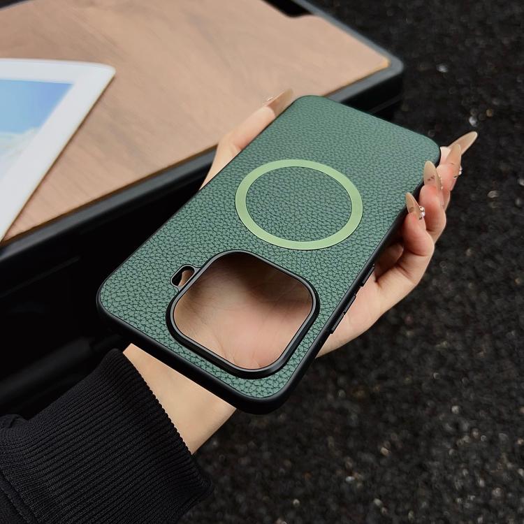 MagSafe magnetic phone case with litchi texture, green, circular magnetic ring