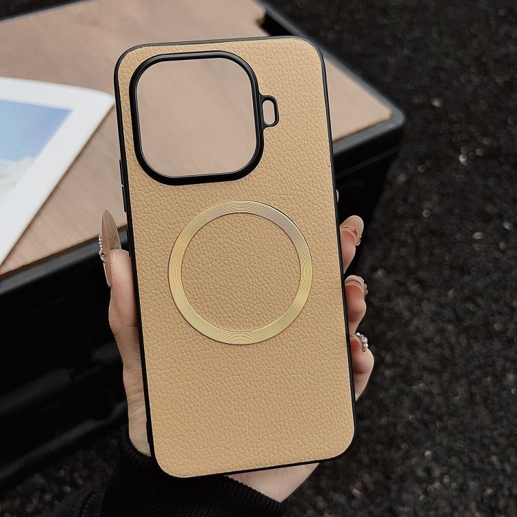 MagSafe magnetic phone case with litchi texture, khaki/beige, circular magnetic ring