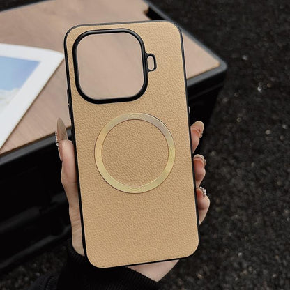 MagSafe magnetic phone case with litchi texture, khaki/beige, circular magnetic ring