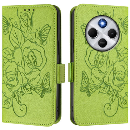 Green embossed floral leather phone case with folio flap and card-slot window