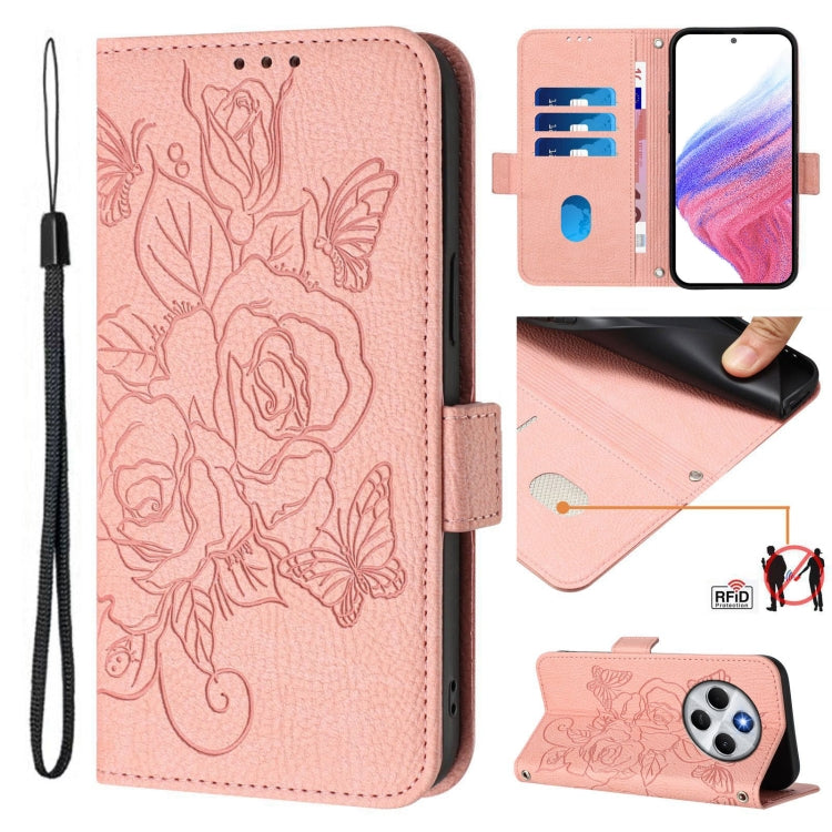 Pink embossed floral leather wallet phone case with wrist strap and magnetic flap