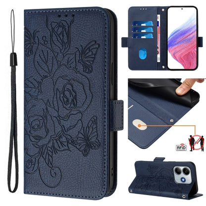 Dark blue embossed rose RFID leather wallet phone case with flip cover and wrist strap