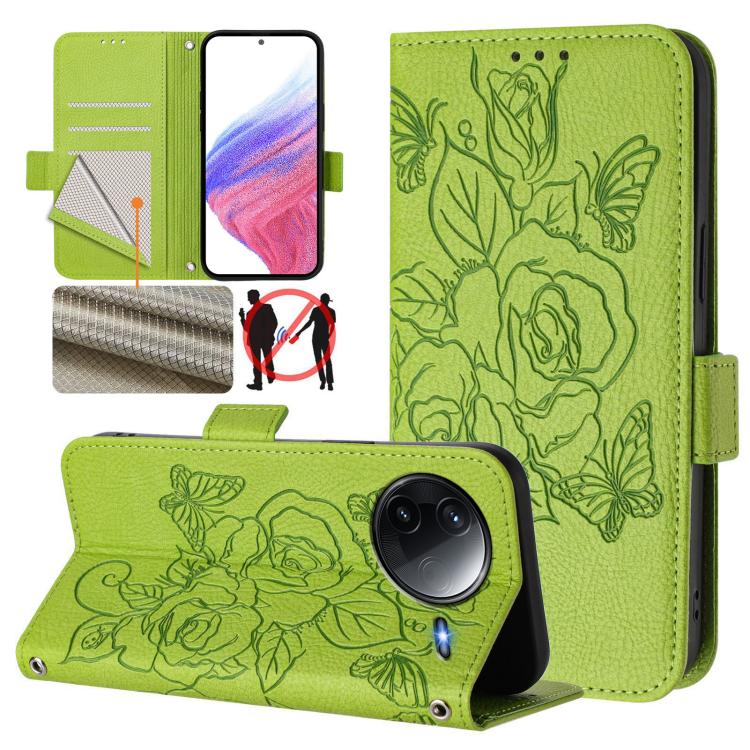 Green RFID leather phone case with embossed roses, flip wallet stand, wrist strap