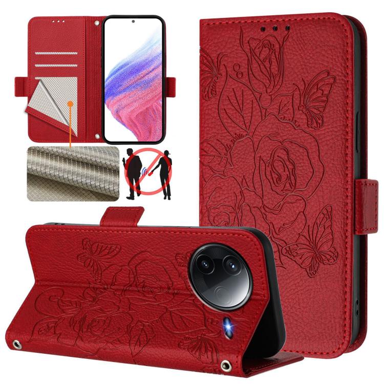 Red RFID leather phone case with embossed floral roses, flip wallet cover, wrist strap