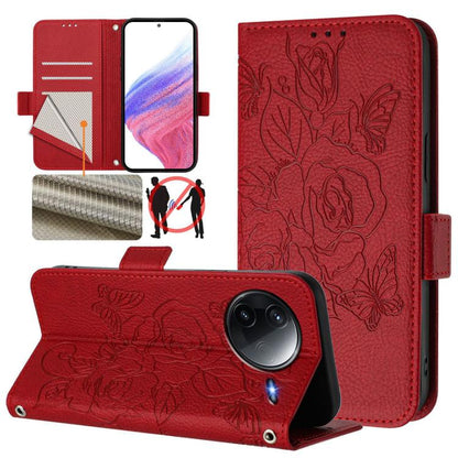 Red RFID leather phone case with embossed floral roses, flip wallet cover, wrist strap