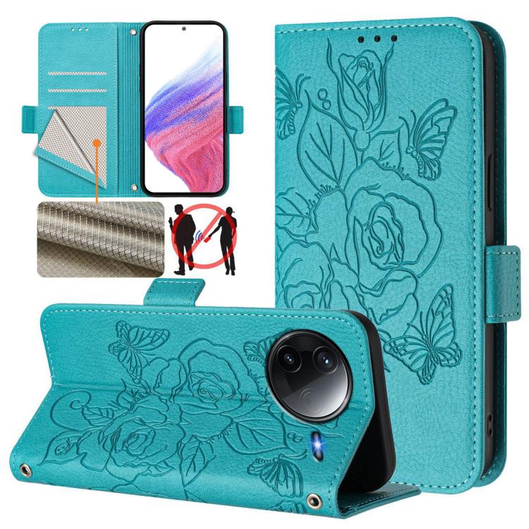 Light blue RFID leather phone case with embossed roses, flip wallet stand, wrist strap