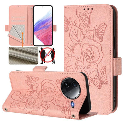 Pink RFID leather phone case with embossed floral roses, flip wallet cover, wrist strap