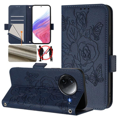 Dark blue RFID leather phone case with embossed roses, card slots, flip stand cover