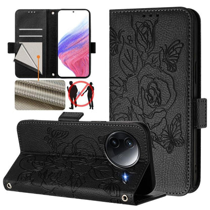 Black RFID leather phone case with embossed roses, flip wallet cover and wrist strap